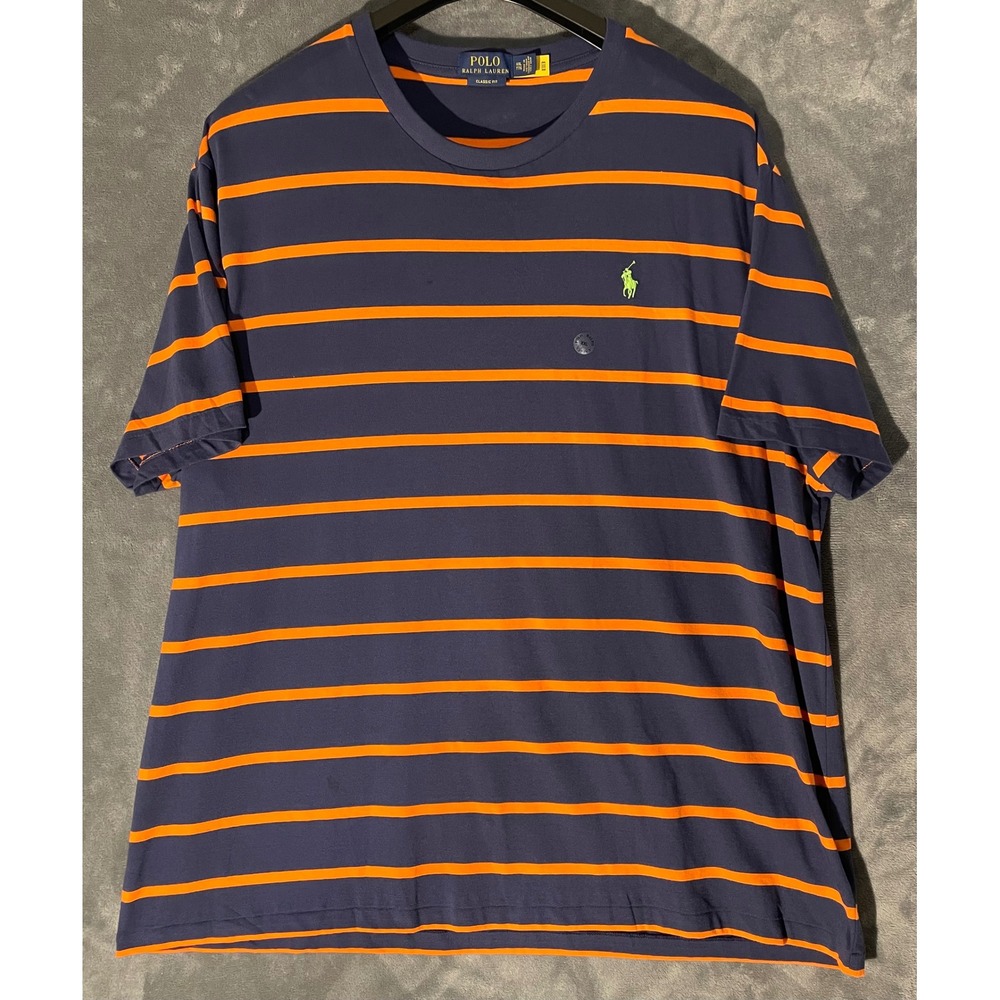 Polo Ralph Lauren Mens XXL Navy Orange Striped T-Shirt Classic Fit Green Pony